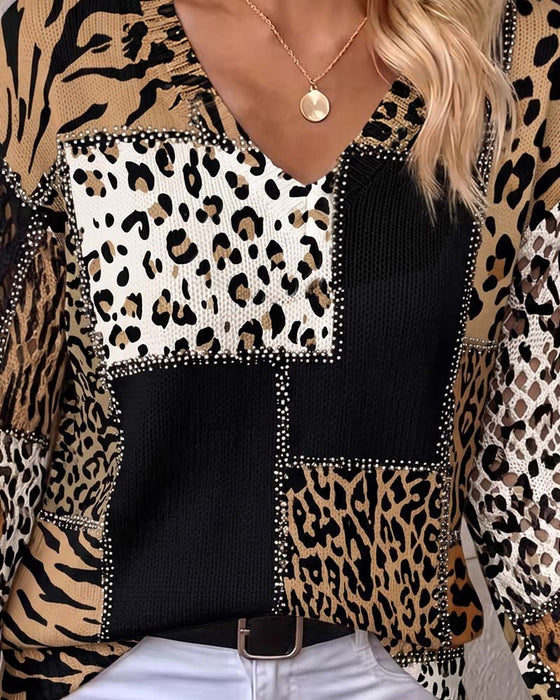 Pullover V-Hals Leopard Lang Ærme