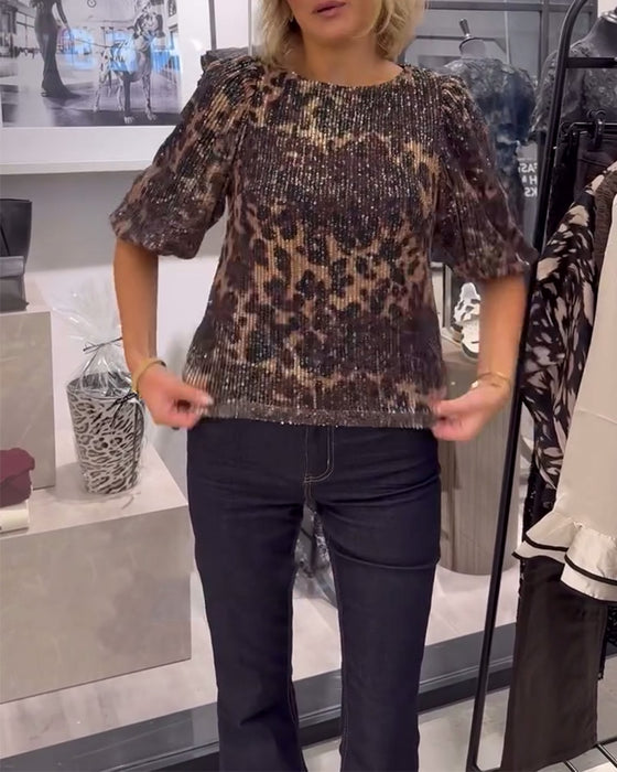 Bluse Med Lanterneærmer Pailletter Leopardprint