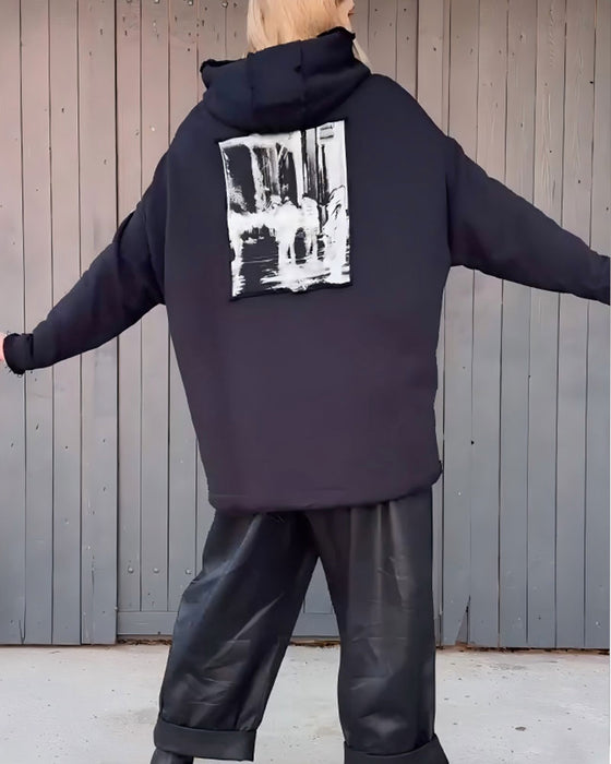 Hoodie Bogstav Tryk Løs Lang Ærme Pullover