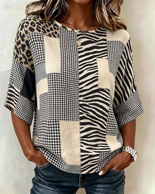 Bluse Rundhals Patchwork Ternet Leopard