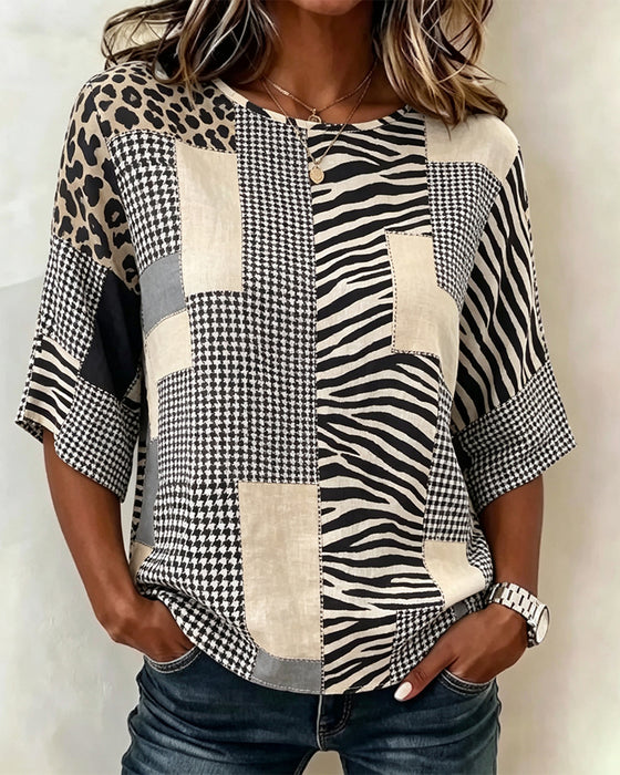 Bluse Rundhals Patchwork Ternet Leopard