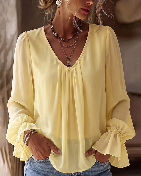 Bluse V-Hals Rynket Pufærme Ruffle