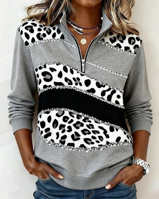 Sweatshirt Leopardtryk Glitrende Med Halvlynlås Krave