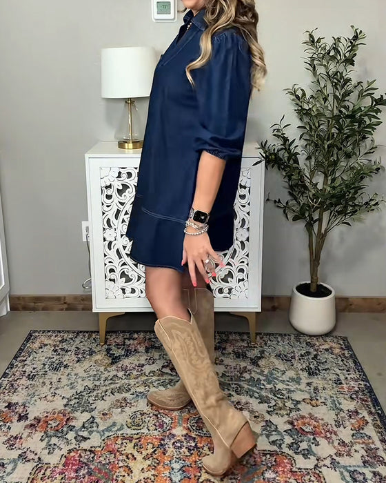 Denimkjole Med Krave Og Lanterneærmer