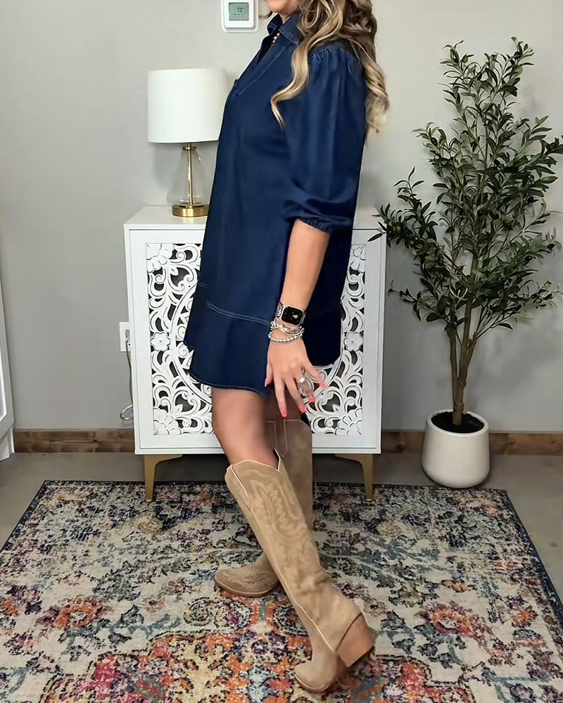 Denimkjole Med Krave Og Lanterneærmer