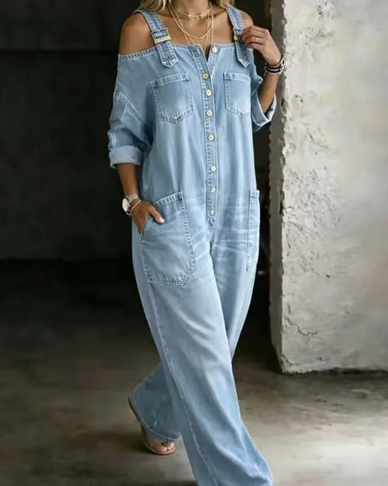 Jumpsuit Spagettibånd Kold Skulder Bred Ben Denim