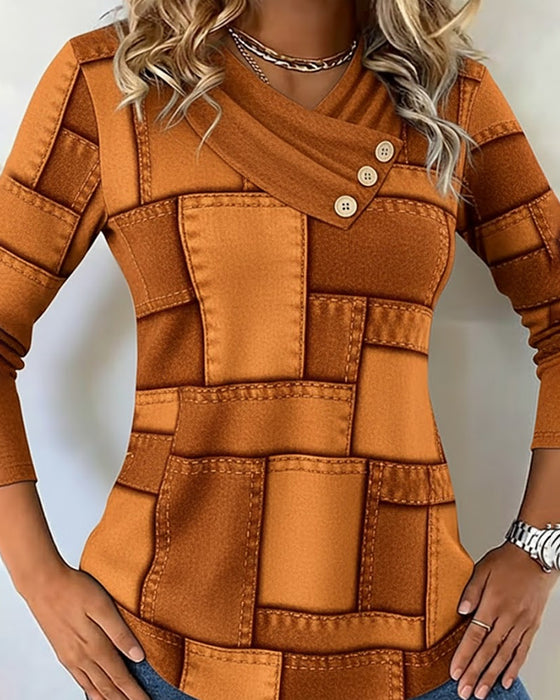 Langærmet Top Med V-Hals Og Kontrast I Ensfarve