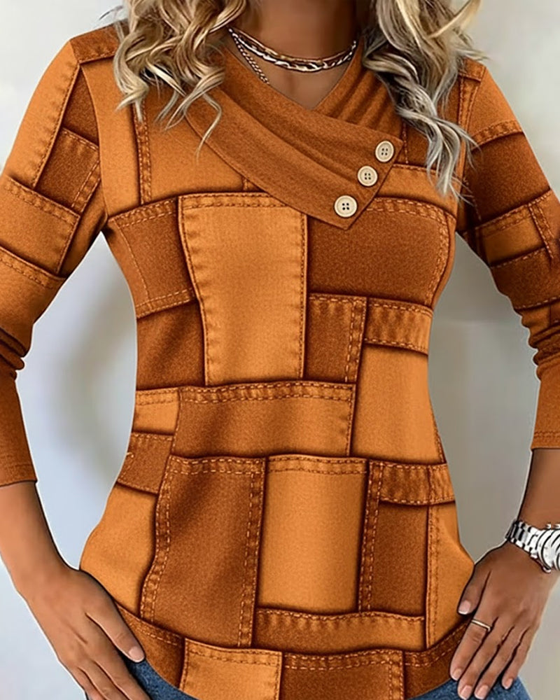 Langærmet Top Med V-Hals Og Kontrast I Ensfarve