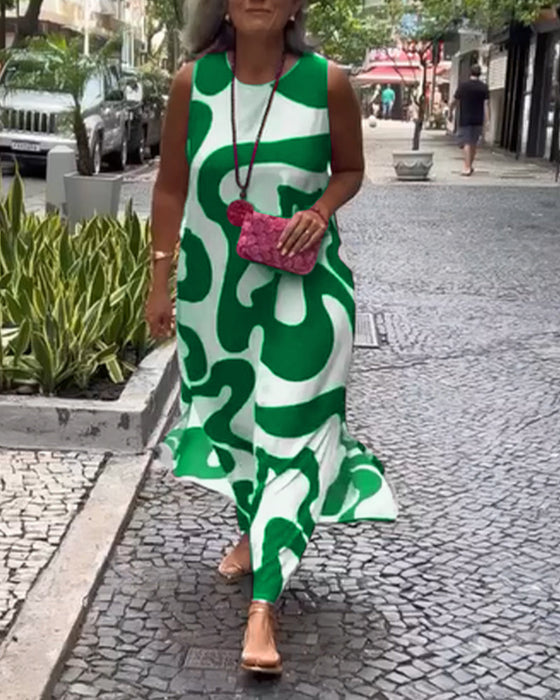 Rund Hals Ærmløs Kjole Med Geometrisk Tryk