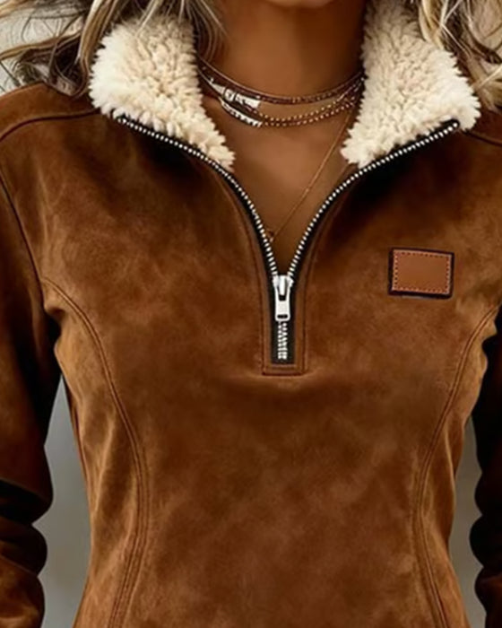 Sweatshirt Med Halv-Zipp Krage, Asymmetrisk Design Och Frans Detalj