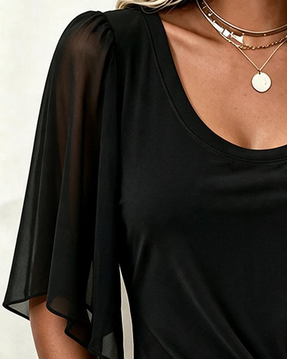 Bluse U-Hals Ensfarvet Casual
