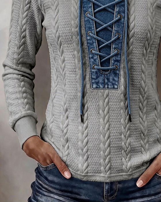 Sweatshirt Bindebånd Patchwork Casual
