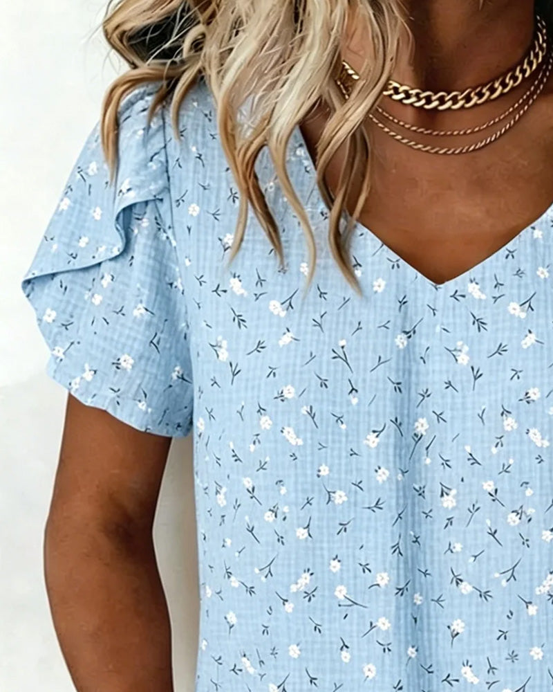T-Shirt V-Hals Blomstrende Kort Ærme