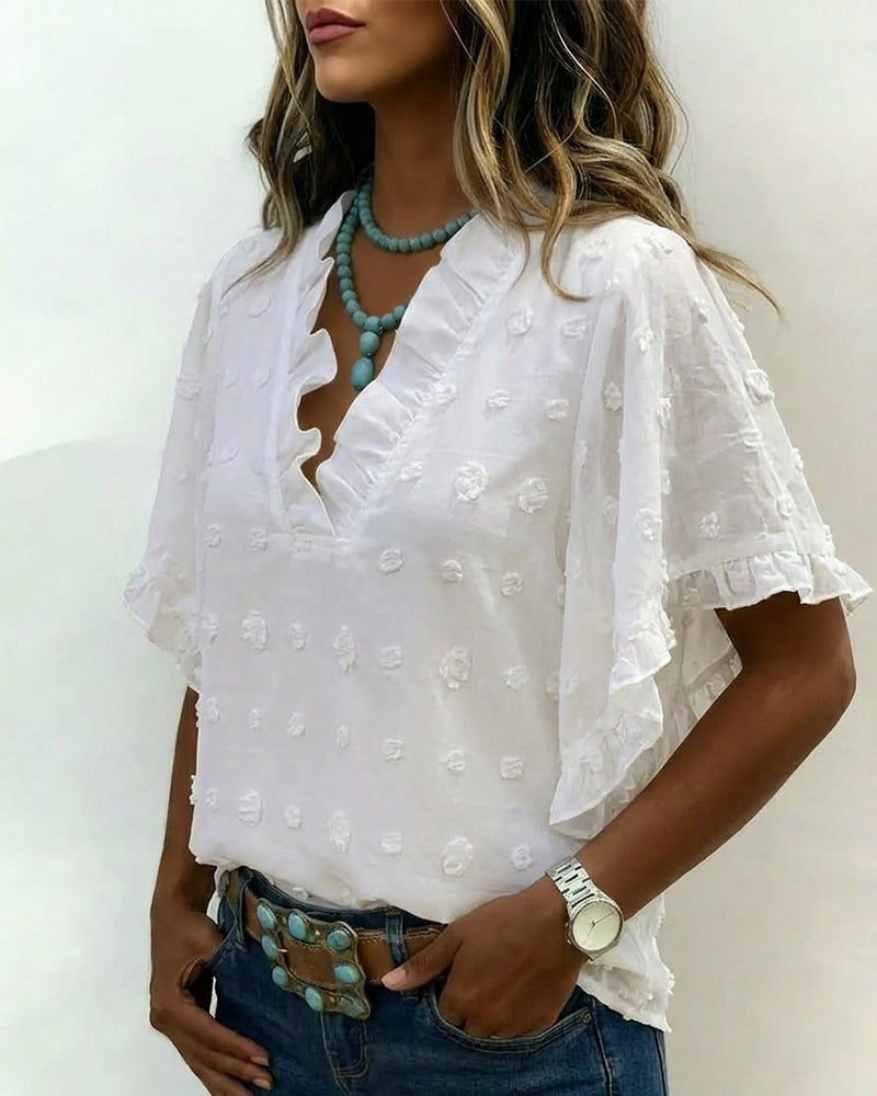 Blouse Jacquard V-Udskæring Flæse