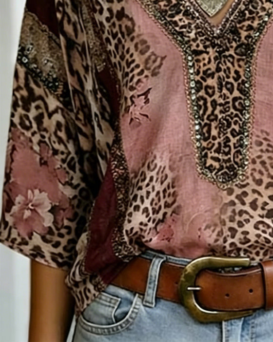 Bluse V-Hals Lygte Ærme Leopard