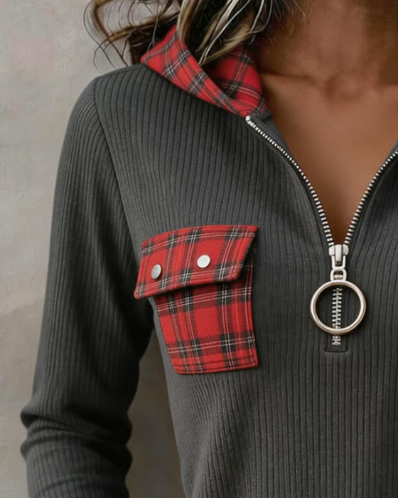 Sweatshirt Rutet Patchwork Halv Lynlås