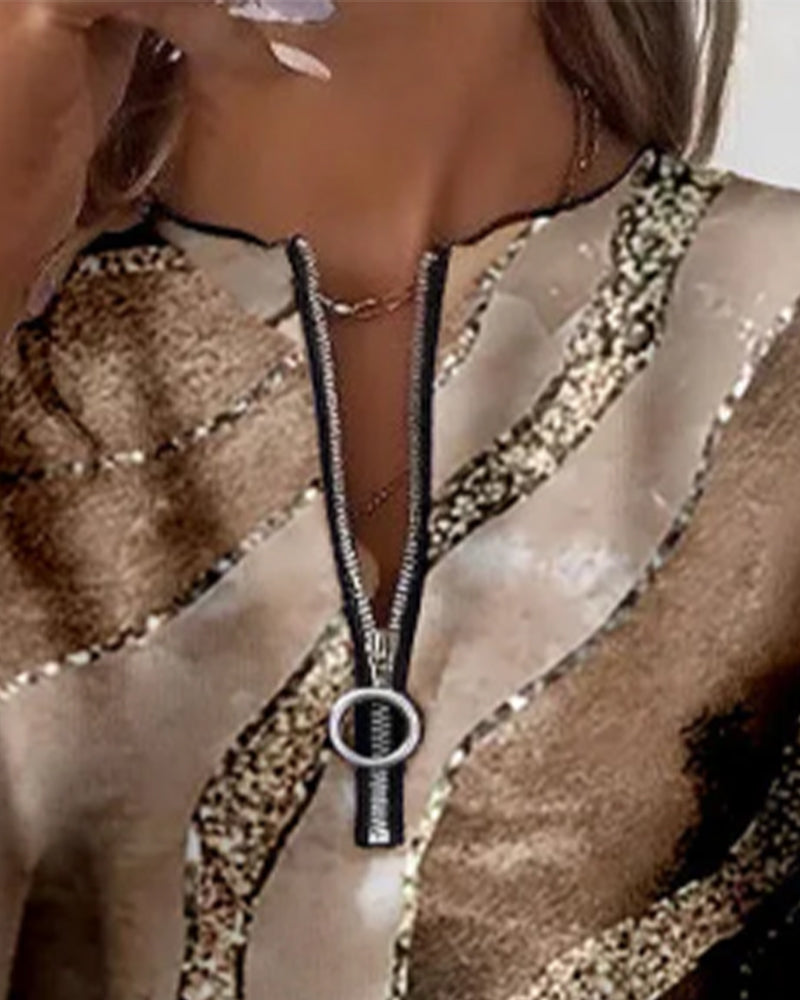 Sweatshirt Med Halv Lynlås Og Vintageprint