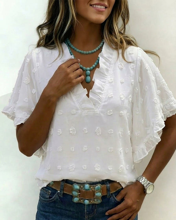 Blouse Jacquard V-Udskæring Flæse
