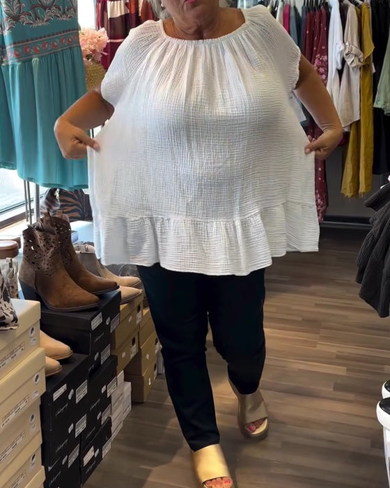 Bluse Rund Hals Rynket Afslappet Solid