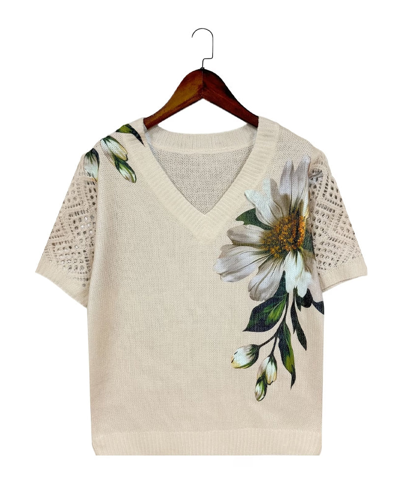 Pullover V-Udskæring Strikket Blomstret