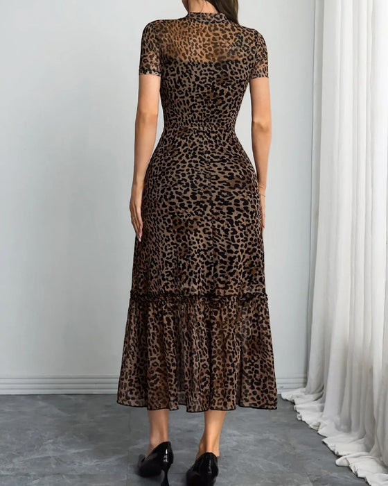 Kjole Leopard Mock Hals Mesh Midi