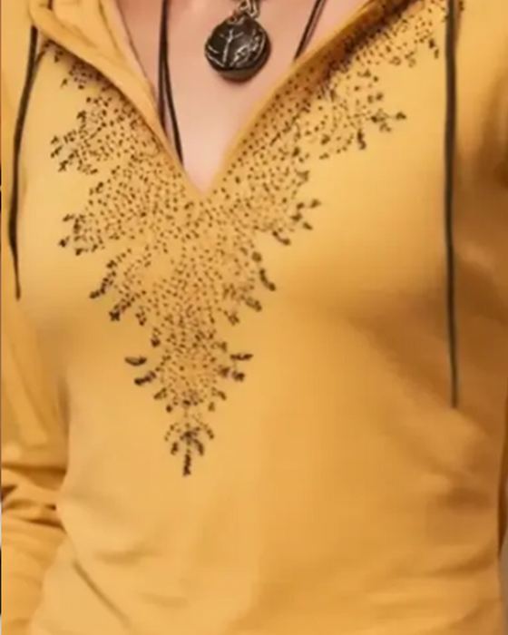 Top Med Hætte Casual Langærmet Trykt