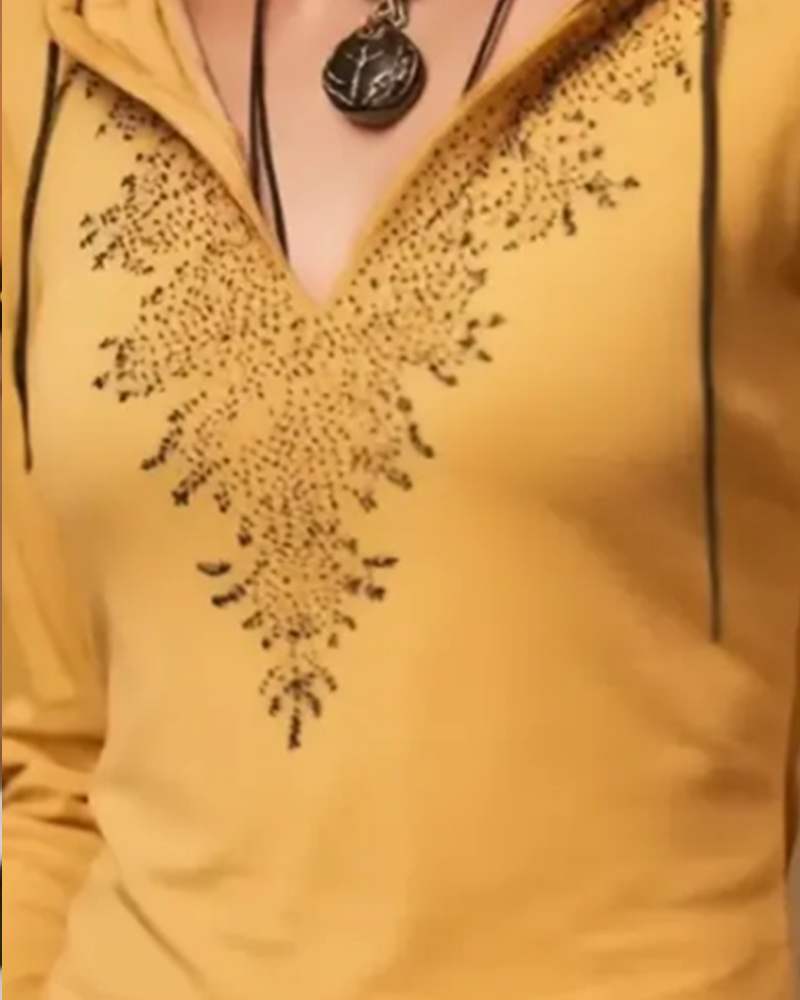 Top Med Hætte Casual Langærmet Trykt