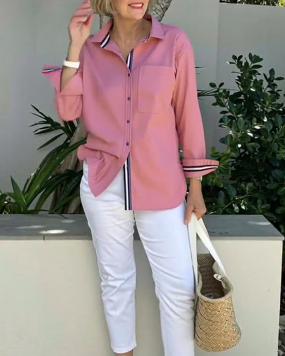 Skjorte Langærmet Knappet Krave Med Lomme