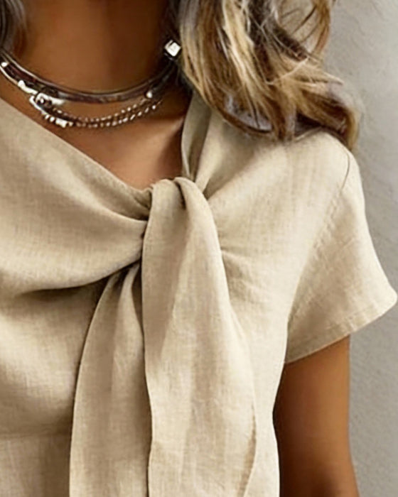 Bluse Hør-Blanding V-Udskæring Kortærme Afslappet
