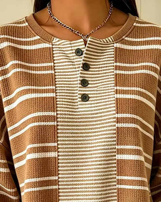 Sweatshirt Stribet Patchwork Lang Ærme Henley