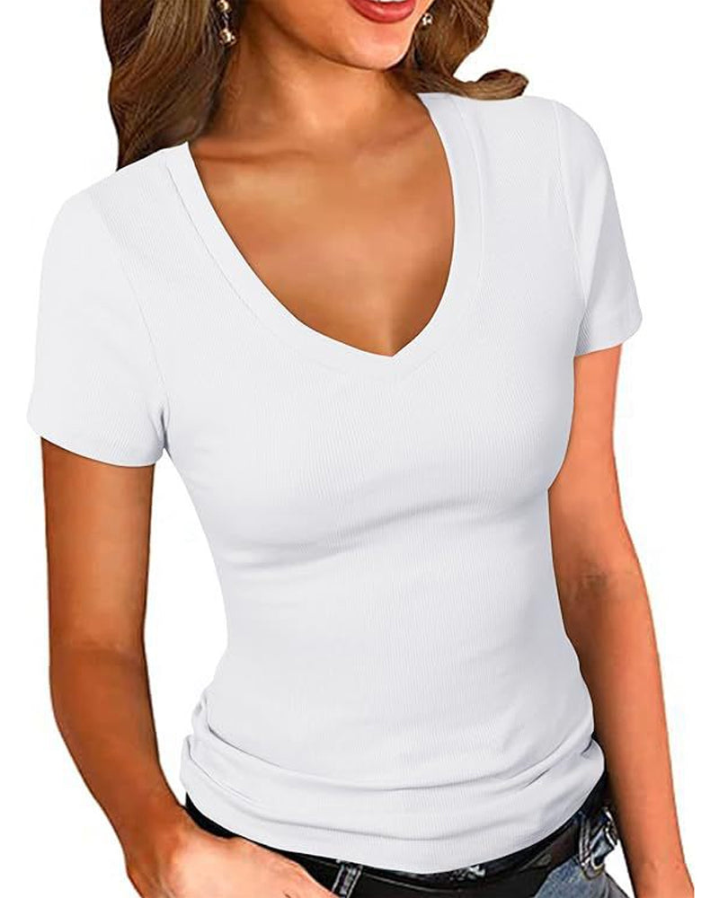 T-Shirt Ribstrikket Slim Fit V-Udskæring Korte Ærmer