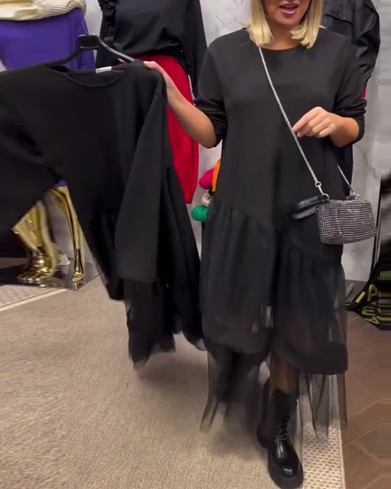 Løs Ensfarvet Kjole Med Meshpatchwork