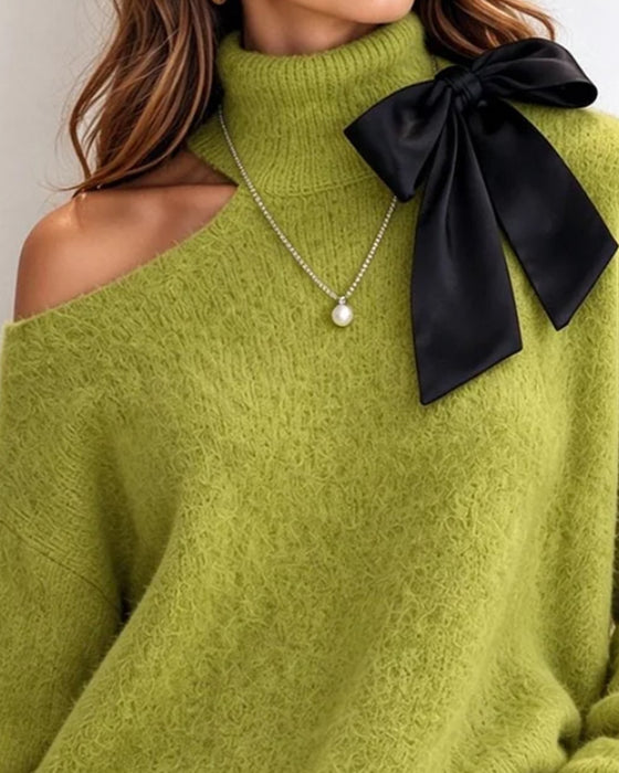 Pullover Turtleneck Sløjfe Off-Shoulder Blonde Patchwork