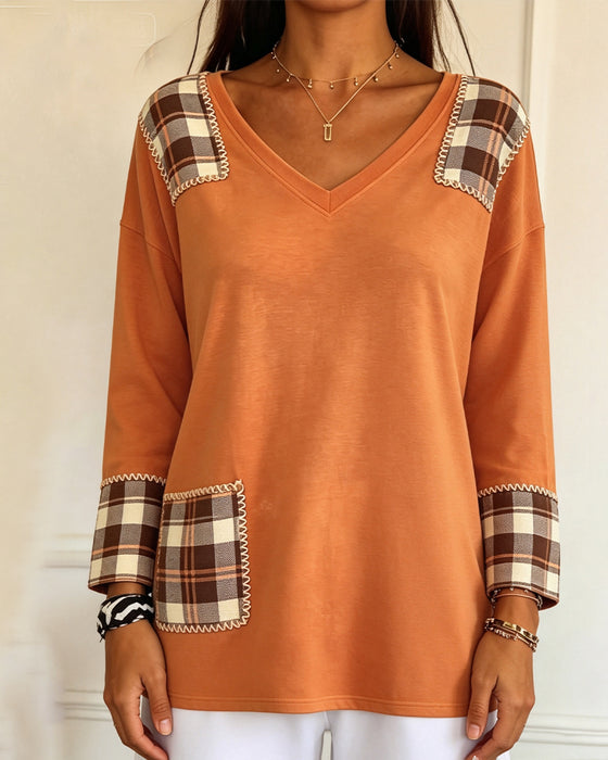 Top ternet Patchwork V-Hals Casual