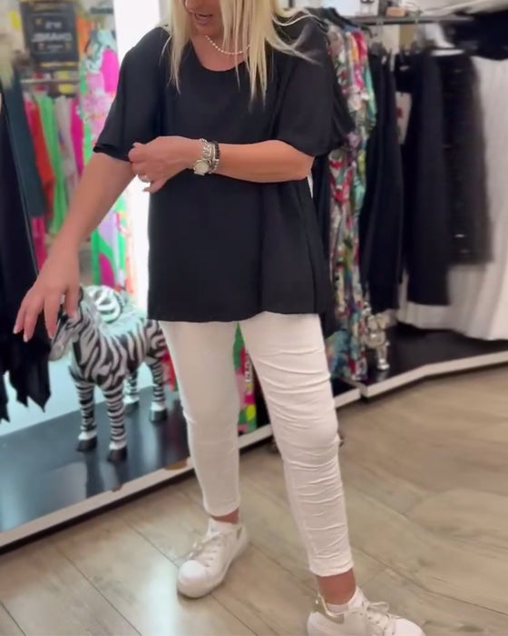 Bluse Rund Hals Ensfarvet