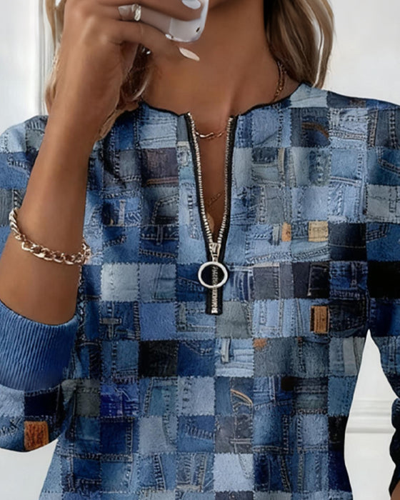 Sweatshirt Med Halv Lynlås Krave Ternet Print