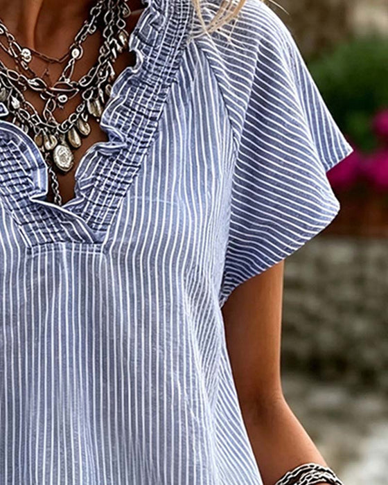 Bluse V-Hals Stribe Ruffle