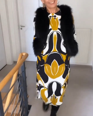 Trykt kjole med rund hals