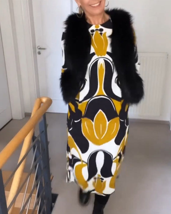 Trykt kjole med rund hals