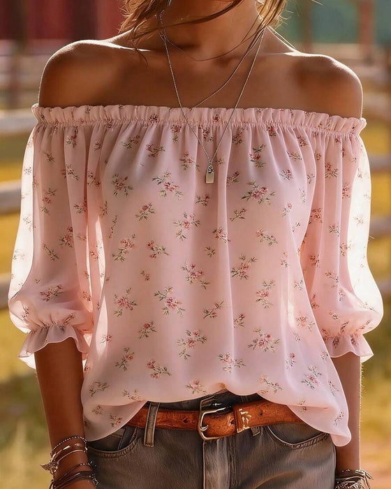Bluse Off-Shoulder Blomstrende Tre Kvart Ærme