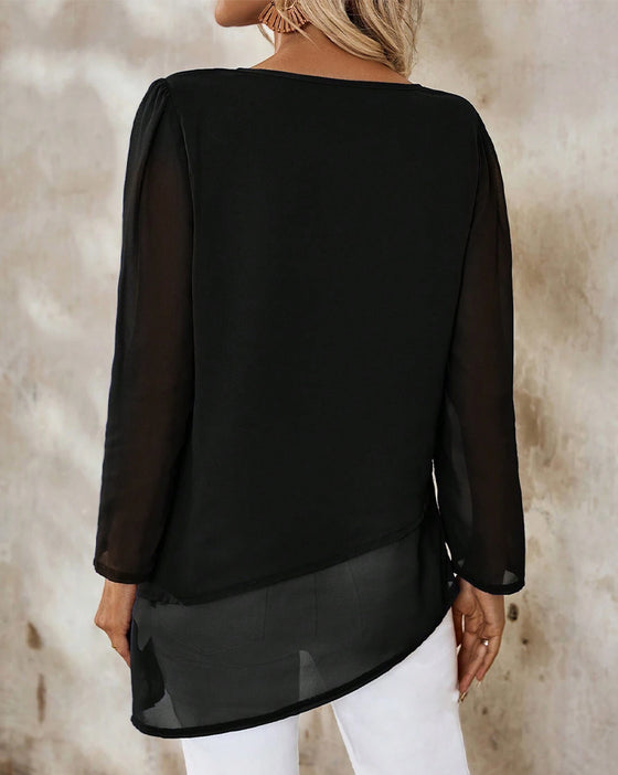 Bluse Rund Hals Uregelmæssig Dobbelt Lag