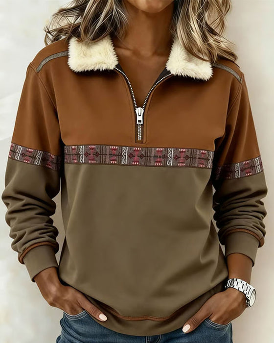 Sweatshirt Fleece Farveblok Halv Lynlås