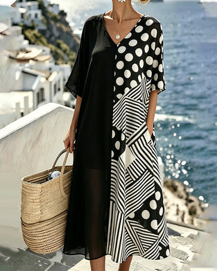 Kjole V-Hals Polka Dot Stribe Patchwork