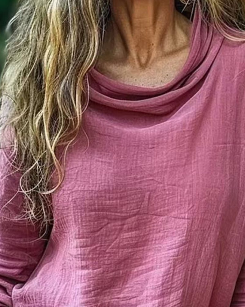 Bluse Draperet Hals Casual Ensfarvet Lang Ærme