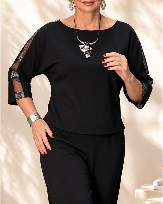 Bluse Rund Hals Sheer Trekvart Ærme