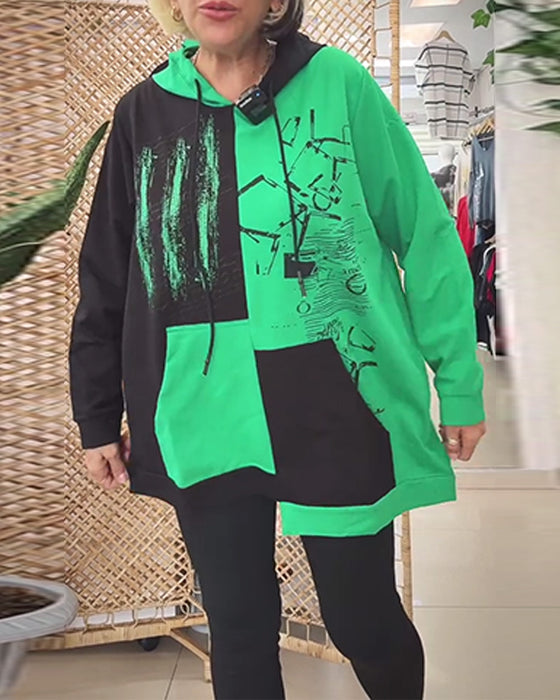 Sweatshirt afslappet hætte farveblok printet