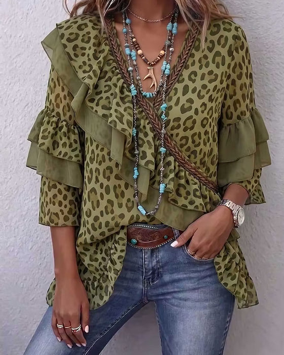 Bluse V-Hals Ruffle Leopard