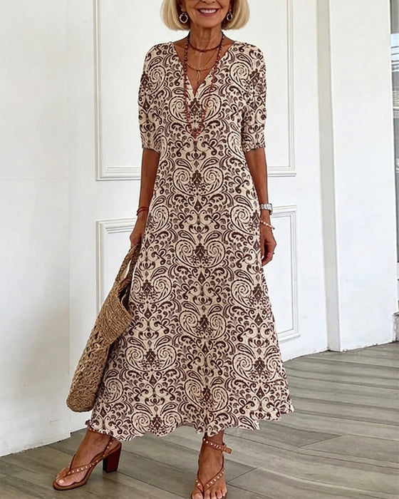 Kjole Vintage Blomstermønster V-Hals Maxi