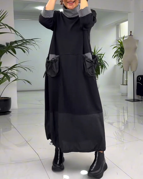 Afslappet patchworkkjole med høj krave