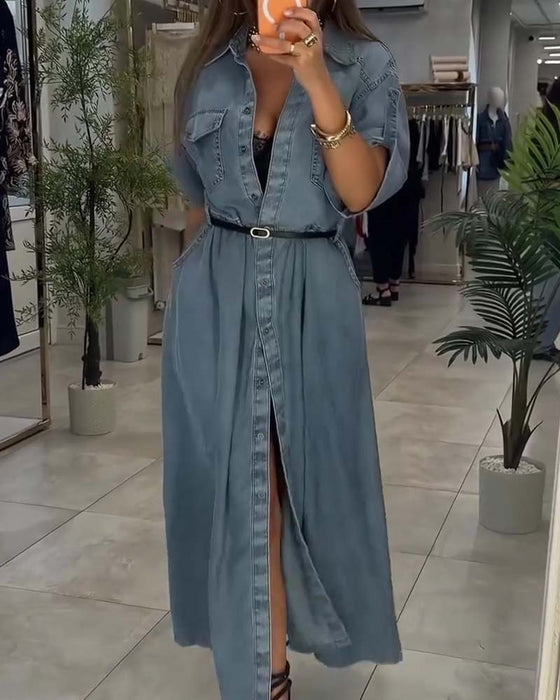 Kjole Skjorte Krave Lomme Knap Denim